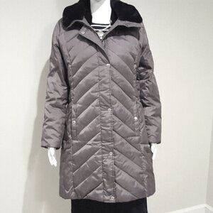 Michael Kors Chevron Quilted Puffer Coat Gray with Black Faux Fur Collar Size L